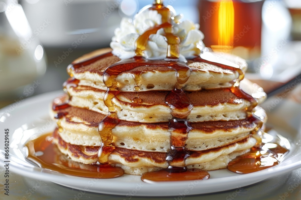 A stack of pancakes on a plate, drizzled with syrup, tantalizing and flavorful, A towering stack of pancakes drizzled in syrup and topped with a dollop of whipped cream A stack of pancakes on a plate, drizzled with syrup, tantalizing and flavorful, A towering stack of pancakes drizzled in syrup and topped with a dollop of whipped cream