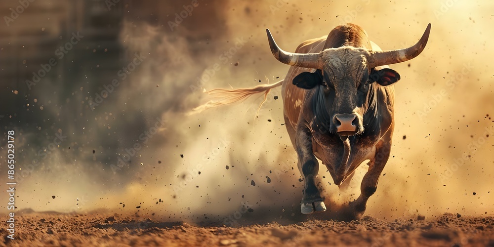 Bull Riding Rodeo Sport Riding a bucking bull in a dusty country rodeo arena. Concept Rodeo ...