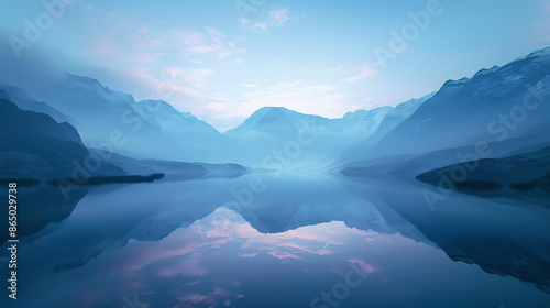 Tranquil mountain lake in the early morning. Soft light reflecting off the water. Gentle breeze ruffling the surface.