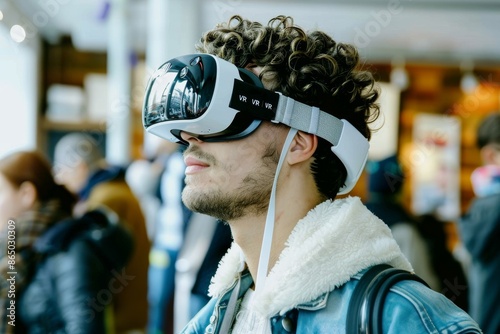 Man using VR headset in a busy indoor space, blending virtual reality with everyday activities, modern and interactive setting.