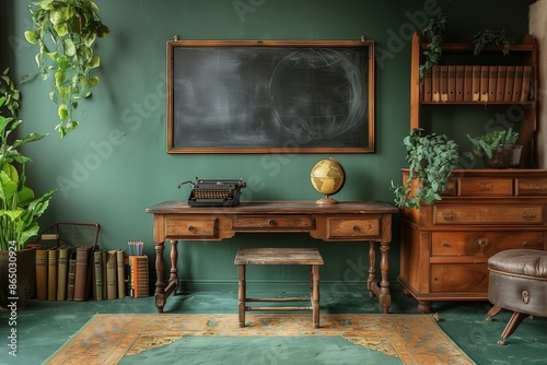 A vintage-style office with a chalkboard, wooden desk, and a green wall.
