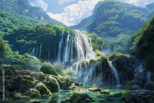 A grand waterfall flows down a rocky mountain cliff surrounded by lush greenery, A towering waterfall cascading down a rocky cliff into a crystal-clear pool