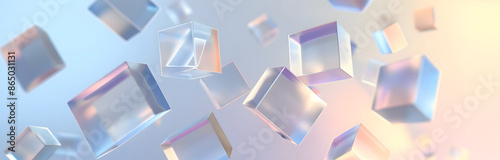 Abstract 3d transparent geometric cubes background. Iridescent crystal cubes or blocks on lite pastel abstract backdrop.