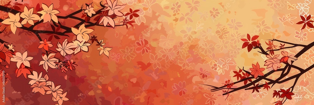 A digital illustration of Japanese-style floral patterns, featuring cherry blossoms and maple leaves in shades of red and orange. Generative AI A digital illustration of Japanese-style floral patterns, featuring cherry blossoms and maple leaves in shades of red and orange. Generative AI
