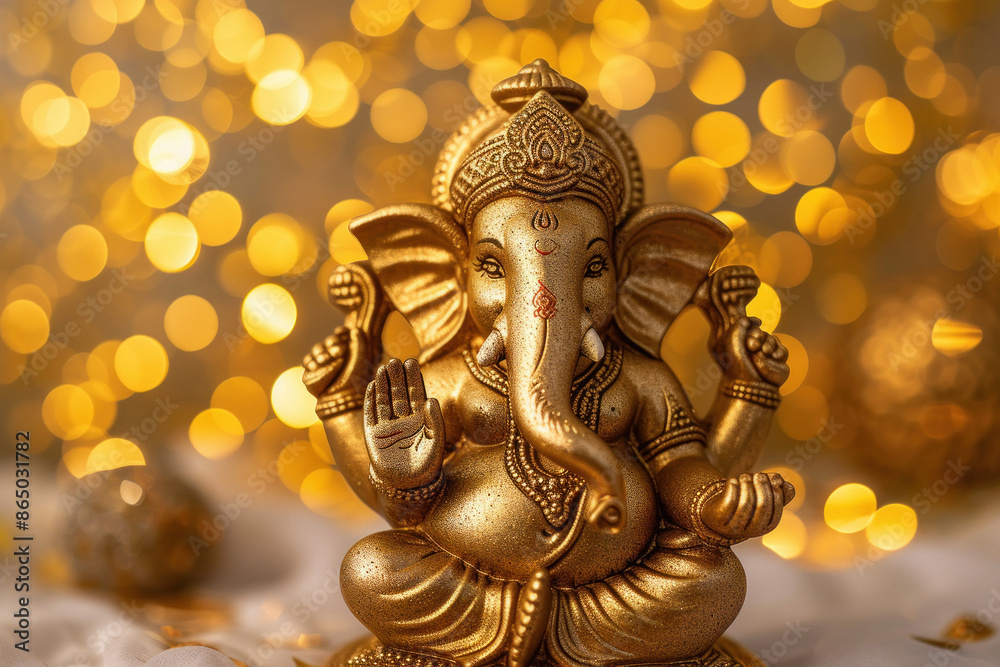 Fototapeta premium Golden Lord ganesha sculpture with bokeh background