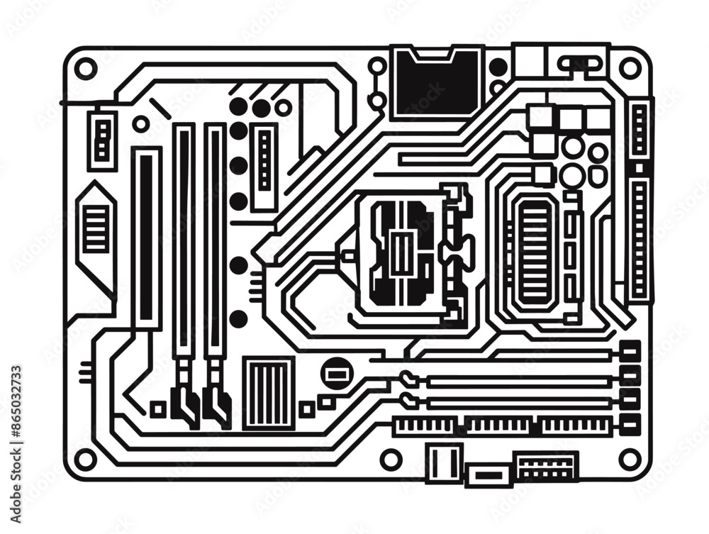 Motherboard Abstract Line Art: An Outline Illustrating a Computer's Core in a Single Line Drawing