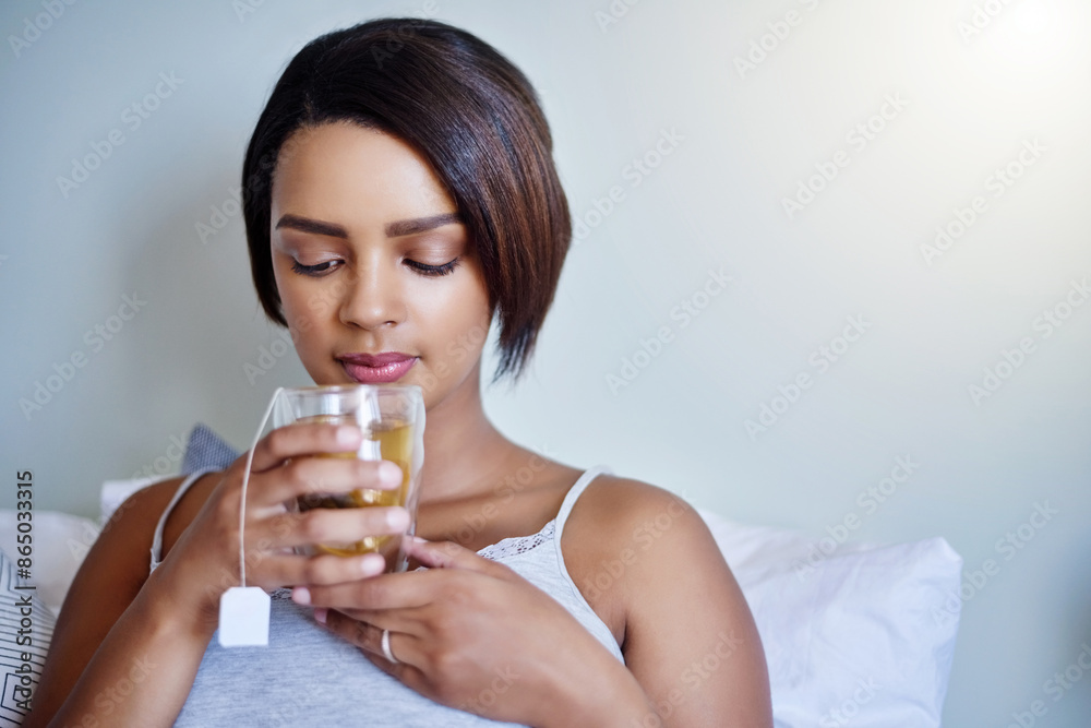 Woman, glass and green tea in home for health with relax, morning energy and peace for wellness. Female person, cup and hot drink with calm weekend, alone time and stress relief in apartment Woman, glass and green tea in home for health with relax, morning energy and peace for wellness. Female person, cup and hot drink with calm weekend, alone time and stress relief in apartment