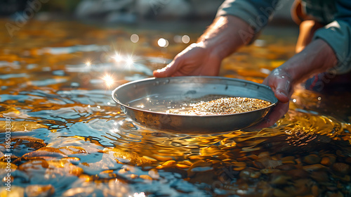 Gold Prospecting Adventure: Determined Prospector Panning by Tranquil River. - Close up shot of a Gold mining pan. 
