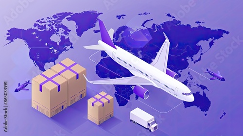A white airplane is flying over a map of the world with a truck and a few boxes