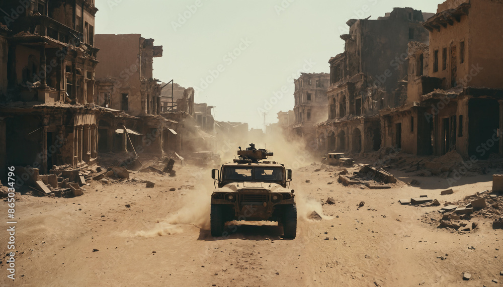 Abandoned military jeep in a destroyed town, buildings in ruins after war or missile attack, deserted area with desert sand and drought, parched land Abandoned military jeep in a destroyed town, buildings in ruins after war or missile attack, deserted area with desert sand and drought, parched land