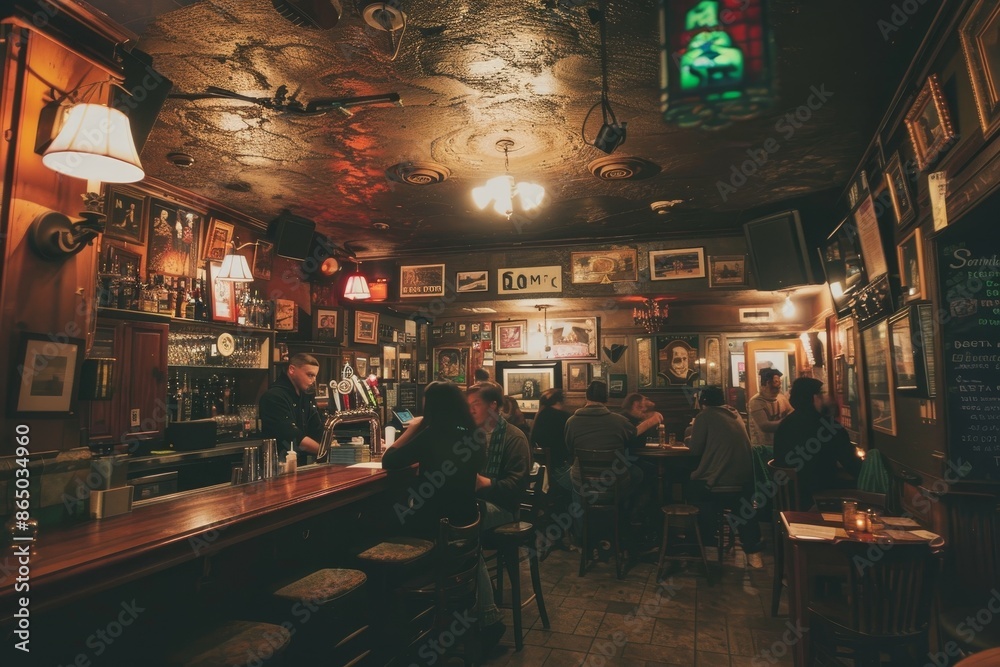 Obraz premium People socializing and enjoying drinks at a bar in a traditional Irish pub with live music, A traditional Irish pub with live music and dancing