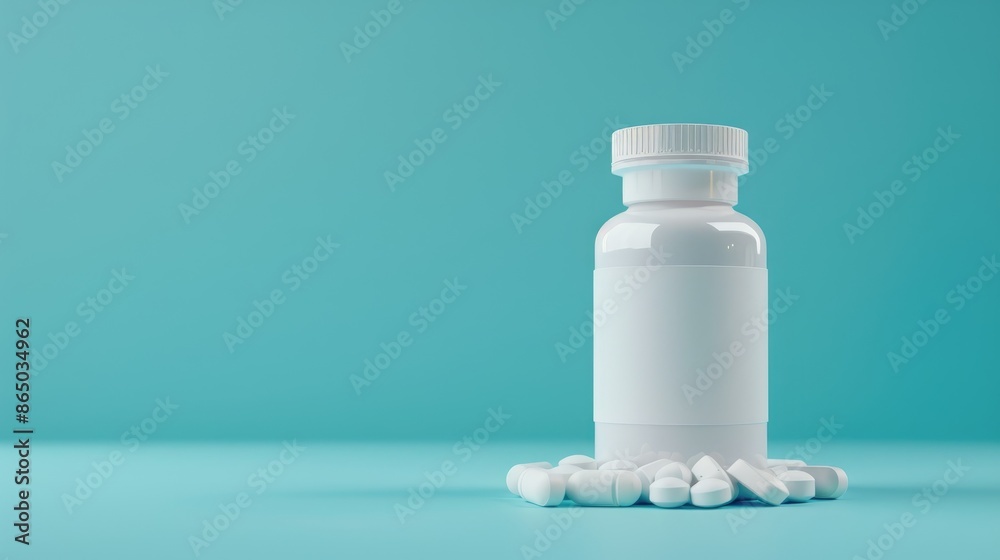 White pill bottle with pills on blue background Healthcare concept White pill bottle with pills on blue background Healthcare concept