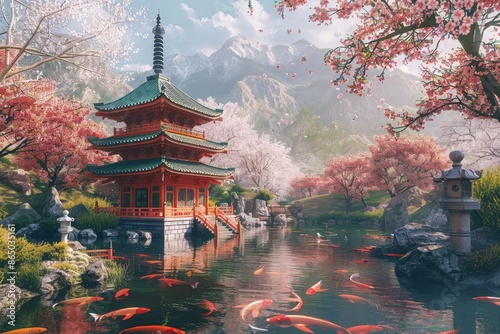 Traditional Japanese garden scene with koi fish swimming in pond, featuring a pagoda and cherry blossom trees, A traditional Japanese pagoda nestled among cherry blossom trees and a koi pond photo
