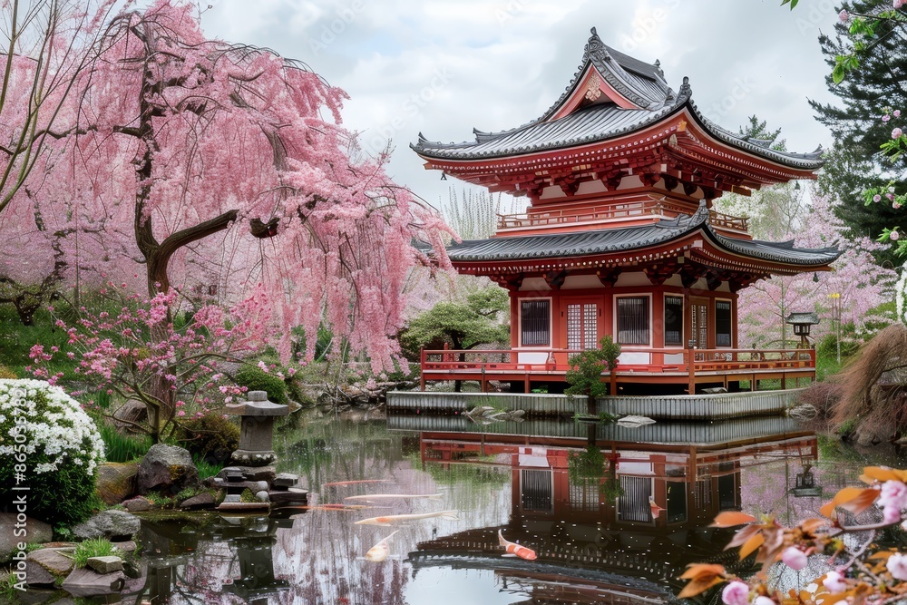 A pagoda stands in the center of a pond, encircled by lush trees in a serene setting, A traditional Japanese pagoda nestled among cherry blossom trees and a koi pond A pagoda stands in the center of a pond, encircled by lush trees in a serene setting, A traditional Japanese pagoda nestled among cherry blossom trees and a koi pond