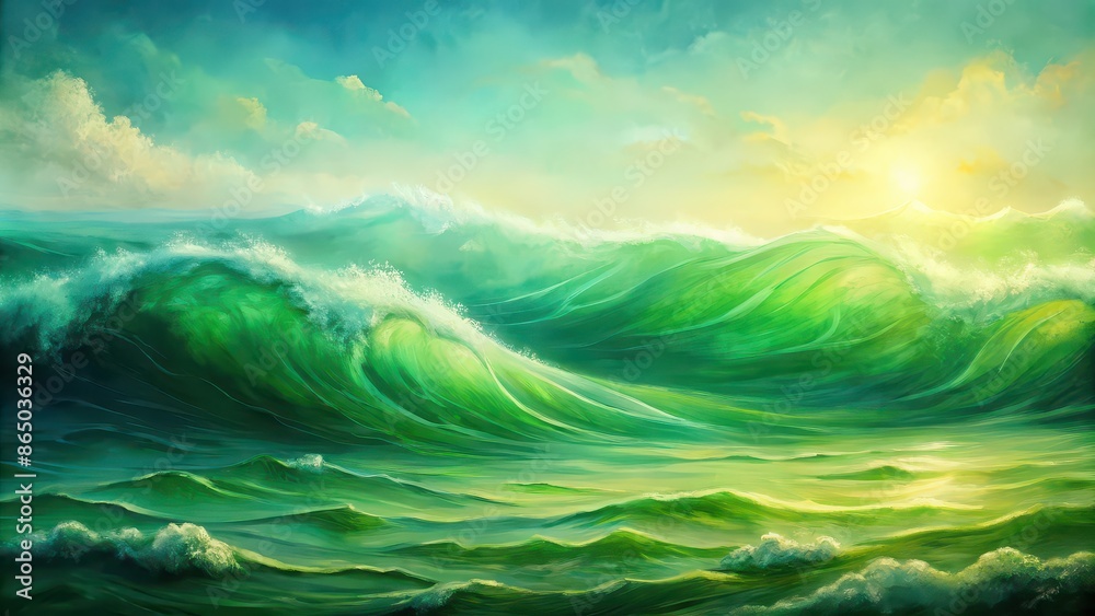 Obraz premium Abstract background with green waves and landscape painting, abstract, background, green, waves, landscape, painting, art
