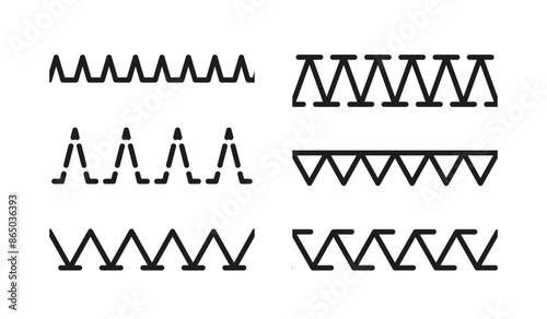 Simple zigzag elements set. Seamless sewing stitches collection. Overlock embroidery seams. Machine thread sew brushes. vector illustration. Line border isolated on white background.