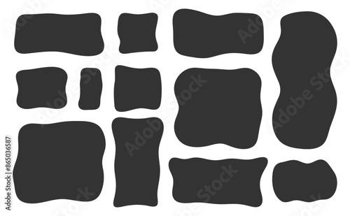 Irregular fluid bubbles. Organic flat blobs. Abstract liquid elements.  Amoeba rectangle box template. Random wavy spots and curvy shapes.