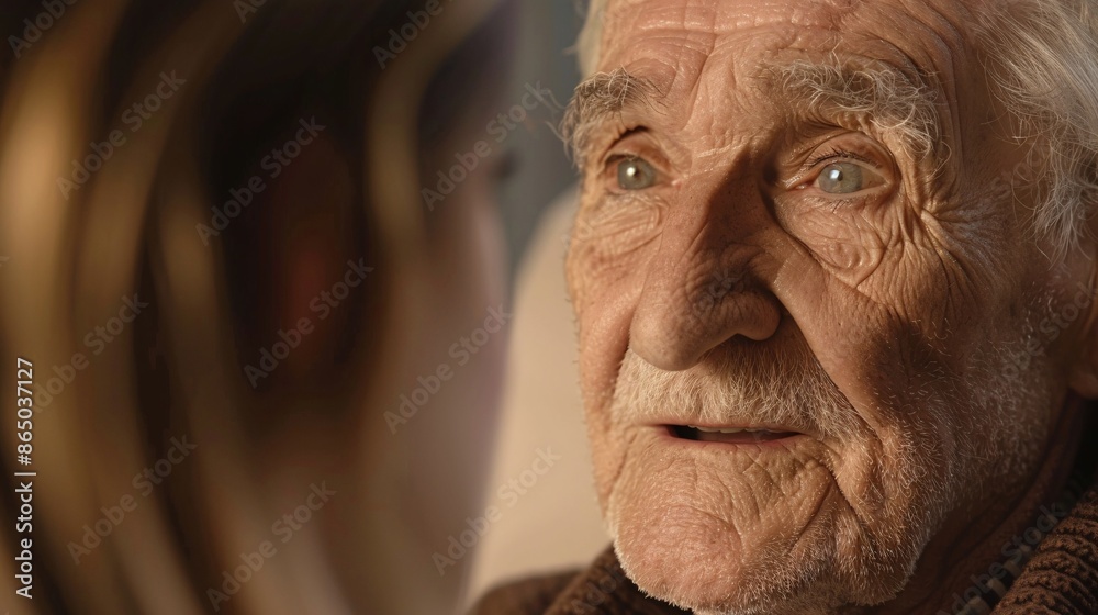 Highly detailed image of an elderly man receiving health care assistance at home, with clear focus on his serene face