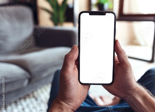 A man is holding a cell phone in his hand, and the phone is white