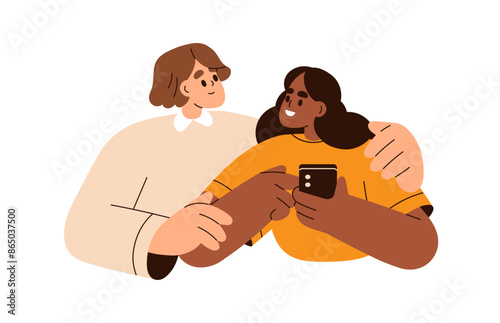 Women with smartphone. Female using mobile phone, asking for help with new app, technology. Happy user, assistance with cellphone service. Flat vector illustration isolated on white background