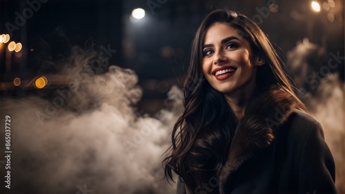 Image of a smiling woman on a foggy background