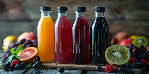 Variety of fruit juices displayed in glass bottles on wooden table with fresh fruits. Concept Fruit Juices, Glass Bottles, Wooden Table, Fresh Fruits, Beverage Display