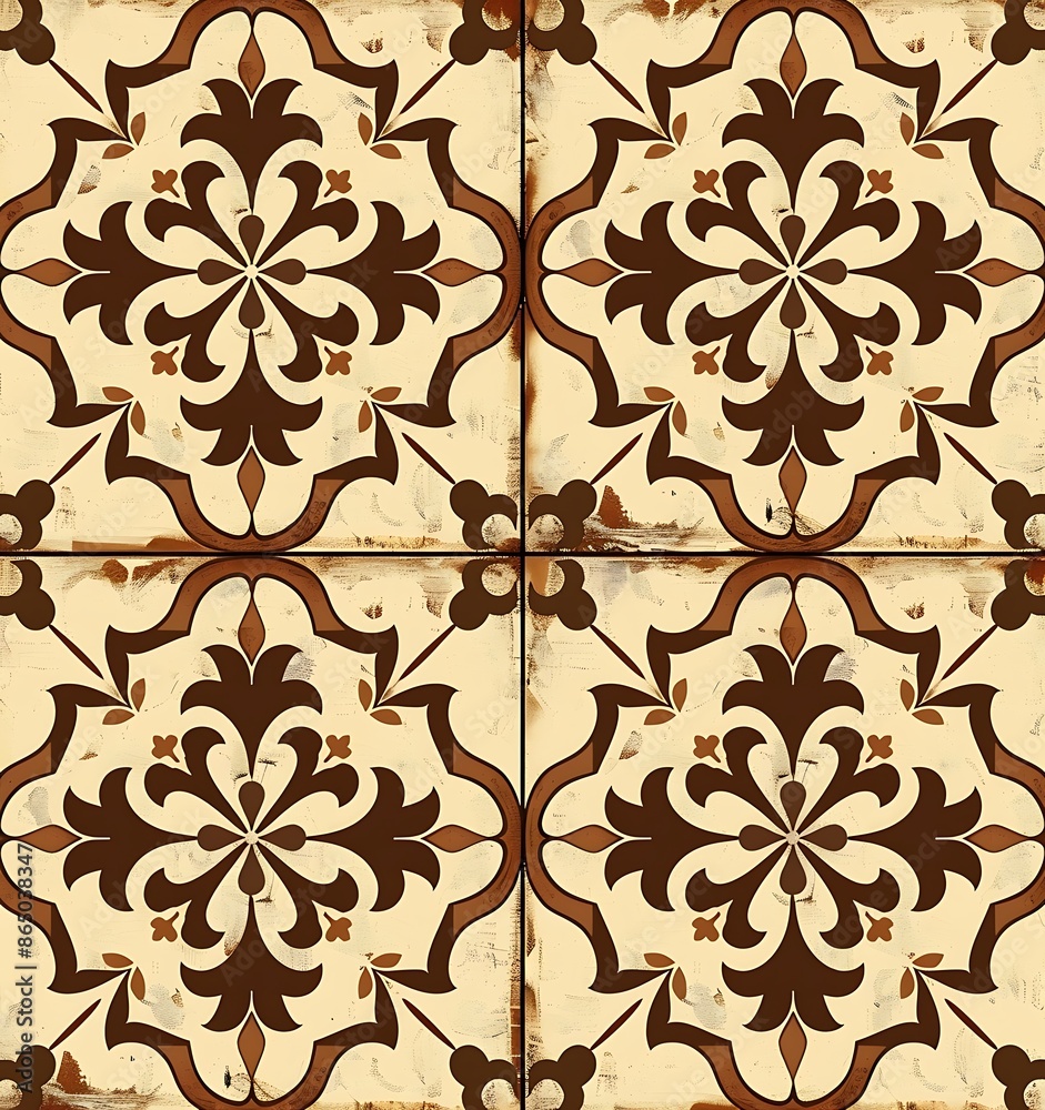 old retro tile pattern, brown and beige color scheme, simple lines, symmetrical