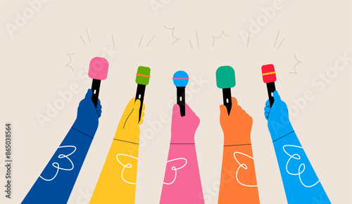 Hands holding microphones.  Journalism concept. Colorful vector illustration