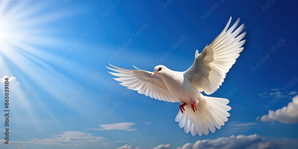 Peaceful white dove flying in clear blue sky, peace, bird, symbol, wings, harmony, freedom, hope, spirituality, tranquility Peaceful white dove flying in clear blue sky, peace, bird, symbol, wings, harmony, freedom, hope, spirituality, tranquility