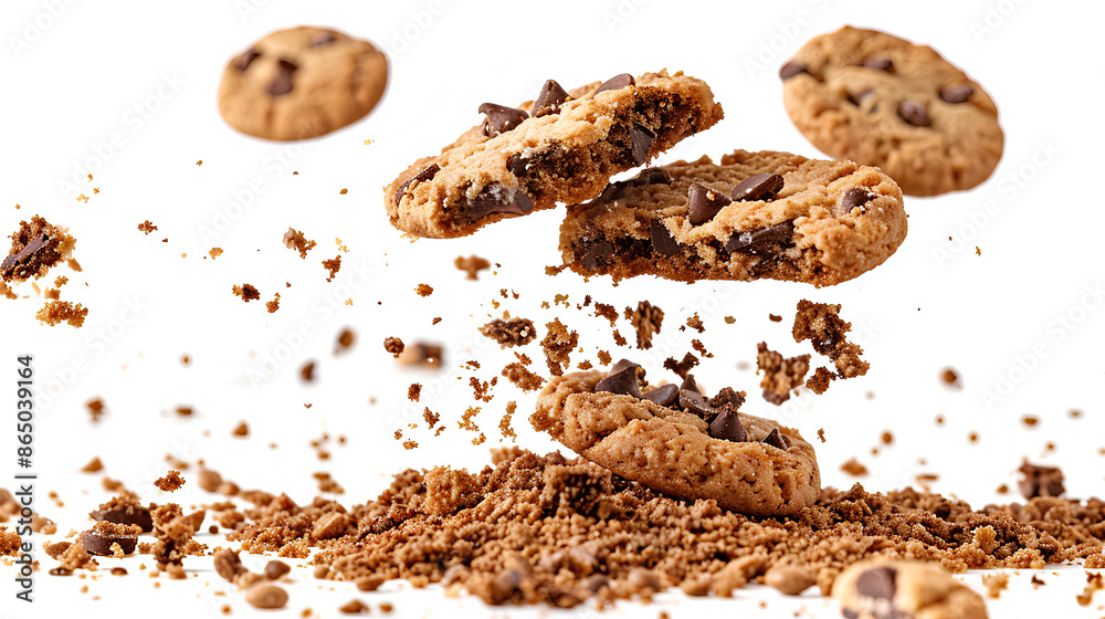 Pile cake crumbs, cookie flying isolated on white, clipping path Pile cake crumbs, cookie flying isolated on white, clipping path