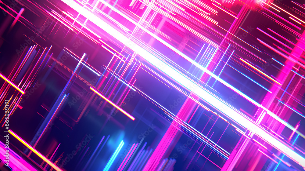 Neon dynamic diagonal light rays background. Techno digital geometric concept design for wallpaper, banner, presentation, background