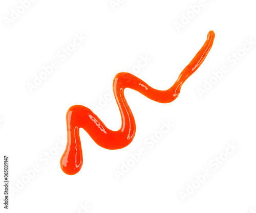Bild auf Leinwand Line of liquid red hot Sriracha chili sauce isolated on white, top view, clippin