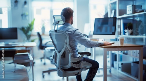 Man sitting in ergonomic chair at desk working on computer, well-being health neck pain design