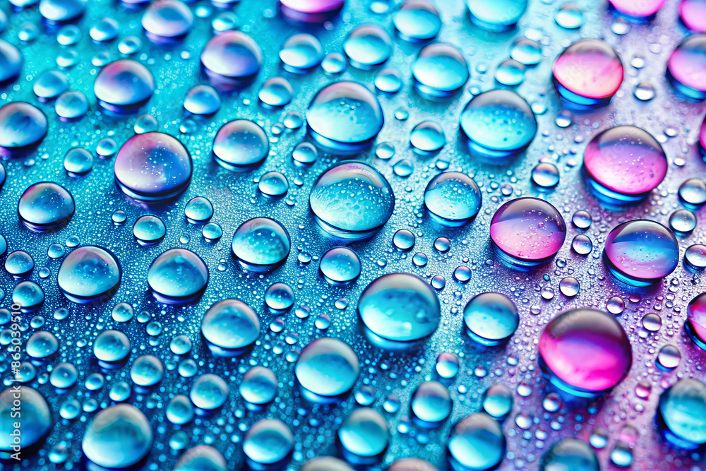 Many round water drops of different sizes illuminated with purple light, designer background Many round water drops of different sizes illuminated with purple light, designer background