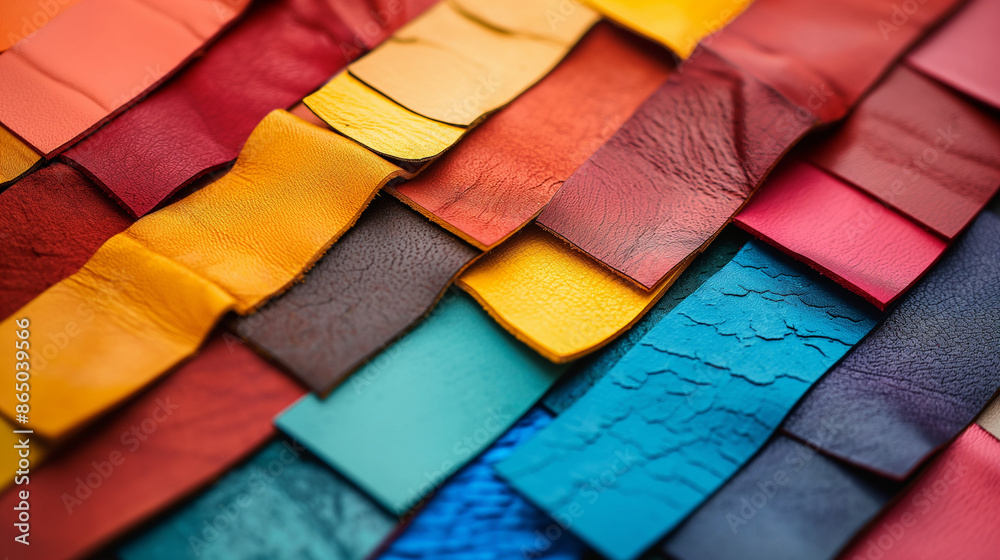 This image features a collection of colorful leather samples arranged in an overlapping fashion, highlighting the variety in texture and vibrant hues of the materials. This image features a collection of colorful leather samples arranged in an overlapping fashion, highlighting the variety in texture and vibrant hues of the materials.