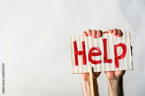 Against a clean white background, a closeup hand-held sign displaying the word 