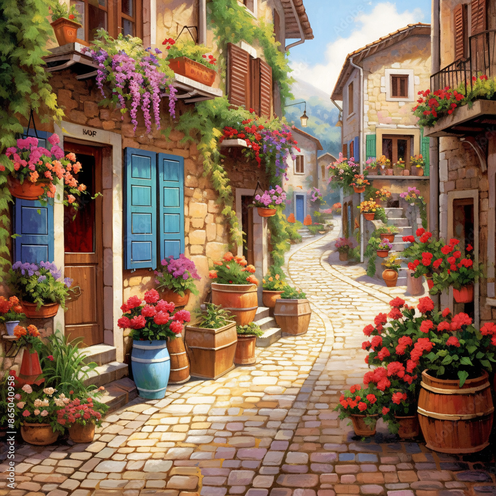 Naklejka premium Cobblestone Alley with Flower-Decorated Buildings