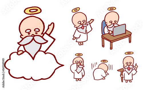 頭に輪っかを乗せた髭を生やしたかわいい神様