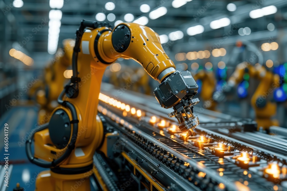 A robotic arm assembling a high-tech gadget on a production line, showcasing precision and speed in a modern factory setting. A robotic arm assembling a high-tech gadget on a production line, showcasing precision and speed in a modern factory setting.