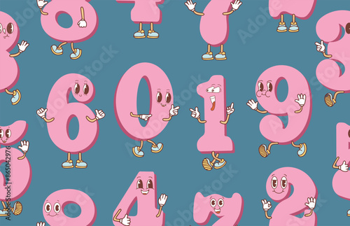 Seamless pattern of cute numbers with eyes, hands, feet. Kawaii style numbers