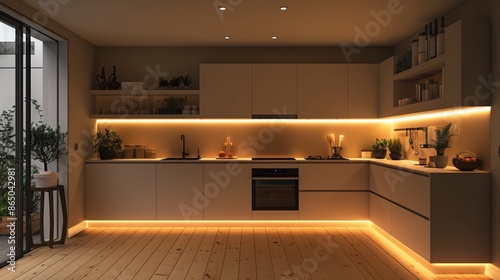 minimalist kitchen with neutral tones and integrated lighting. © Ibrar Artist