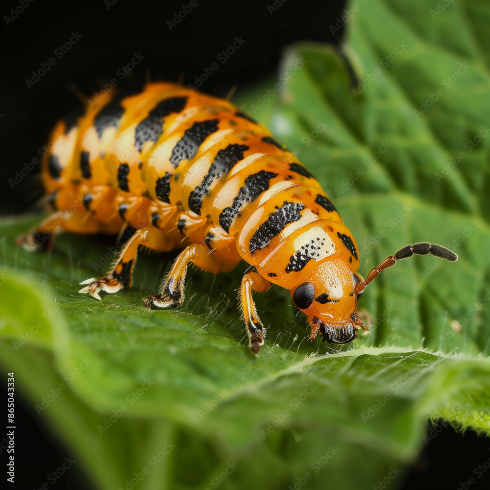 A close-up view of a Colorado potato beetle larva feeding on a potato leaf, showing the larva's bright orange body and black spots, with visible damage to the leaf from its feeding A close-up view of a Colorado potato beetle larva feeding on a potato leaf, showing the larva's bright orange body and black spots, with visible damage to the leaf from its feeding