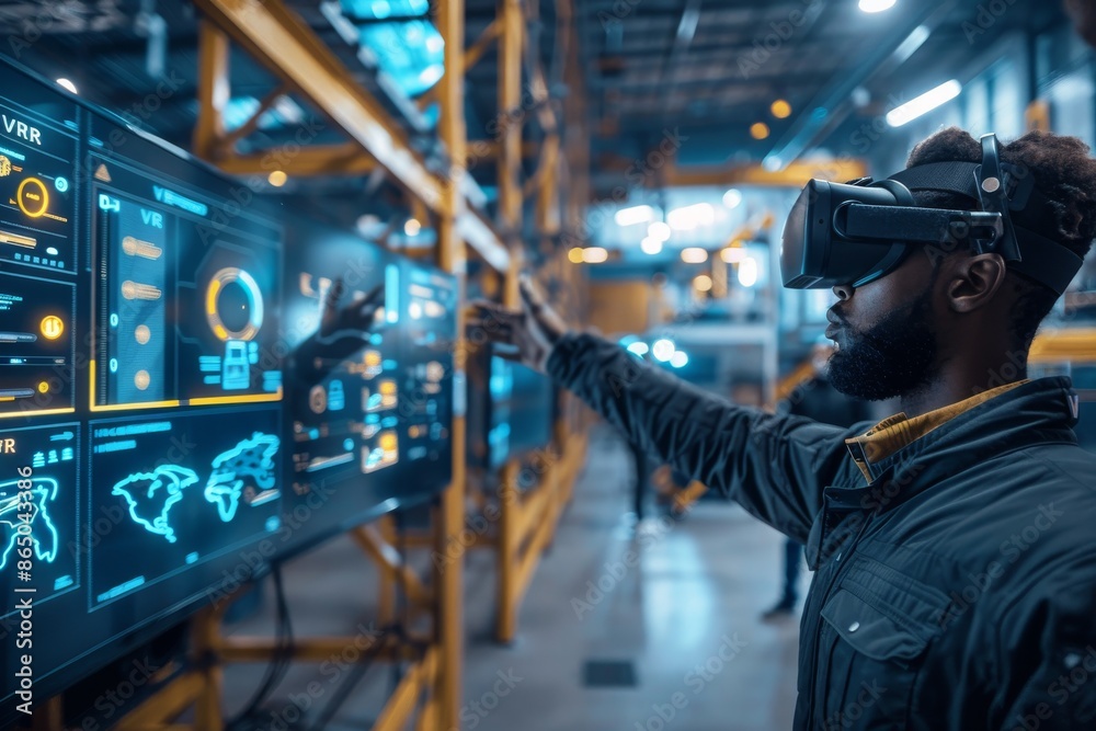 Man using VR headset in an industrial setting, exploring advanced virtual reality technology for professional use. Man using VR headset in an industrial setting, exploring advanced virtual reality technology for professional use.