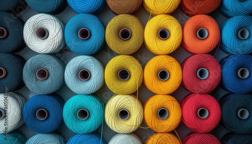A vibrant collection of colored thread spools neatly organized on a shelf for textile and craft use