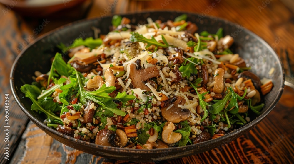 A savory salad made with foraged wild mushrooms hearty grains and a tangy cider vinaigrette. A savory salad made with foraged wild mushrooms hearty grains and a tangy cider vinaigrette.