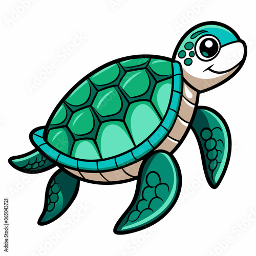 In the ocean, a cheerful sea turtle cartoon swims around joyfully