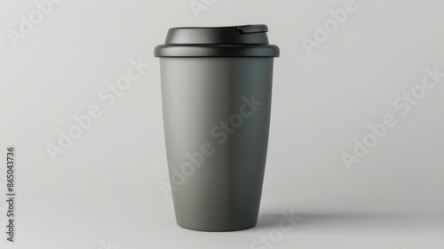 Clean Grey Thermos Cup with Black Lid on White Background