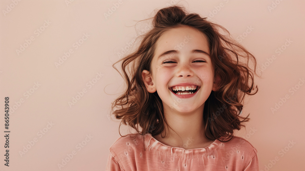 Niña sonriendo sobre un fondo liso