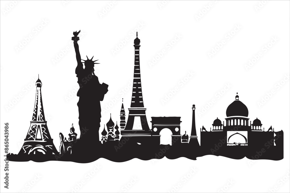 Obraz premium Eiffel Tower 🗼, Statue of Liberty 🗽, Big Ben 🕰️, Colosseum 🏛️, Great Wall of China 🏯, Taj Mahal 🕌, Sydney Opera House 🎭, Pyramids of Giza 🏜️, Leaning Tower of Pisa 🏰, Mount Fuji 🗻, Machu Pic