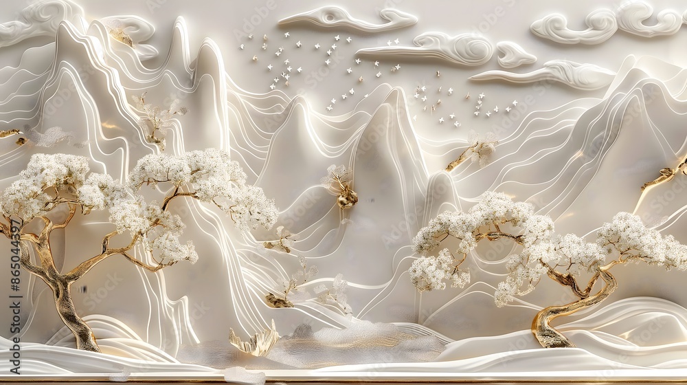 A stunning 3D relief artwork featuring intricate golden and white mountains. flowing clouds ,Mural wallpaper. Wall art. A stunning 3D relief artwork featuring intricate golden and white mountains. flowing clouds ,Mural wallpaper. Wall art.